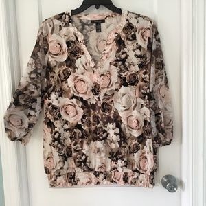 Style & Company brown and pink floral top, sheer sleeves, size 2X, Like New